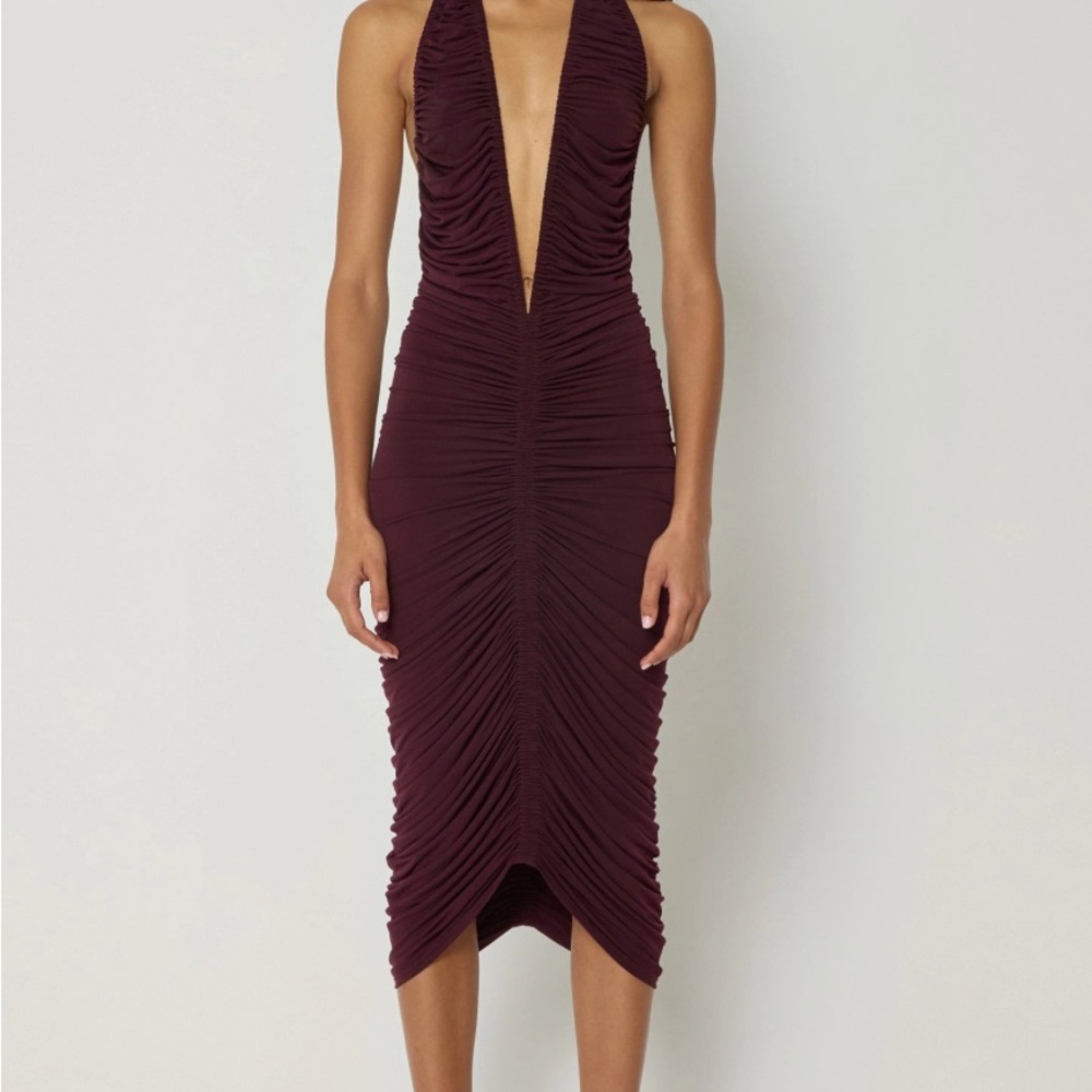 Khy Plunge Ruching Midi Dress in Deep Burgundy
